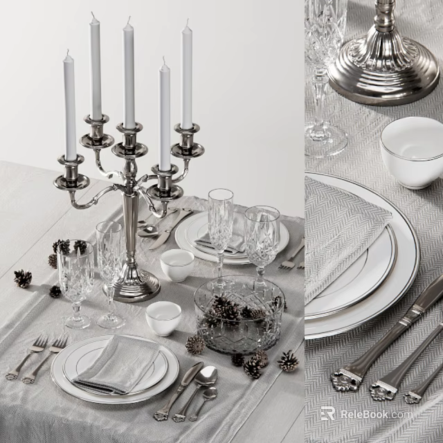 Elegant Tableware Set With White Plates Glassware Silver Cutlery And Pine Cone Decor 3d model 