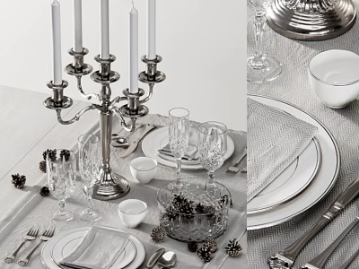 Elegant Tableware Set With White Plates Glassware Silver Cutlery And Pine Cone Decor 3d model
