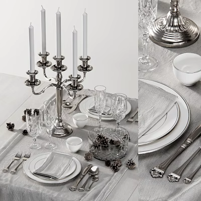 Elegant Tableware Set With White Plates Glassware Silver Cutlery And Pine Cone Decor 3d model