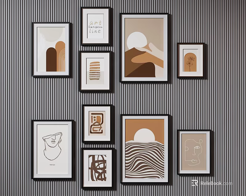 Abstract Decorative Wall Art Collection With Geometric Patterns On Striped Background 3d model