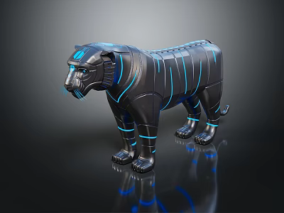 Futuristic Mechanical Tiger With Blue Accent Lines And Metallic Body Design 3d model