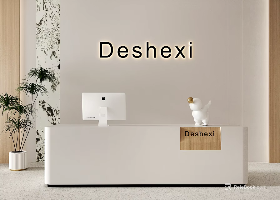Deshexi Modern White Reception Desk With iMac Computer Decorative Ornament And Potted Plant 3d model 