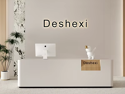 Deshexi Modern White Reception Desk With iMac Computer Decorative Ornament And Potted Plant 3d model