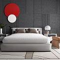 Modern Double Bed in Gray Textured Bedroom with Red White Circular Decorations and Bedside Tables