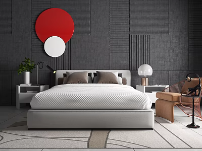 Modern Double Bed in Gray Textured Bedroom with Red White Circular Decorations and Bedside Tables 3d model