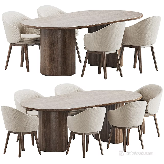 Modern Oval Wooden Dining Table Set With Beige Fabric Chairs And Wooden Legs 3d model 