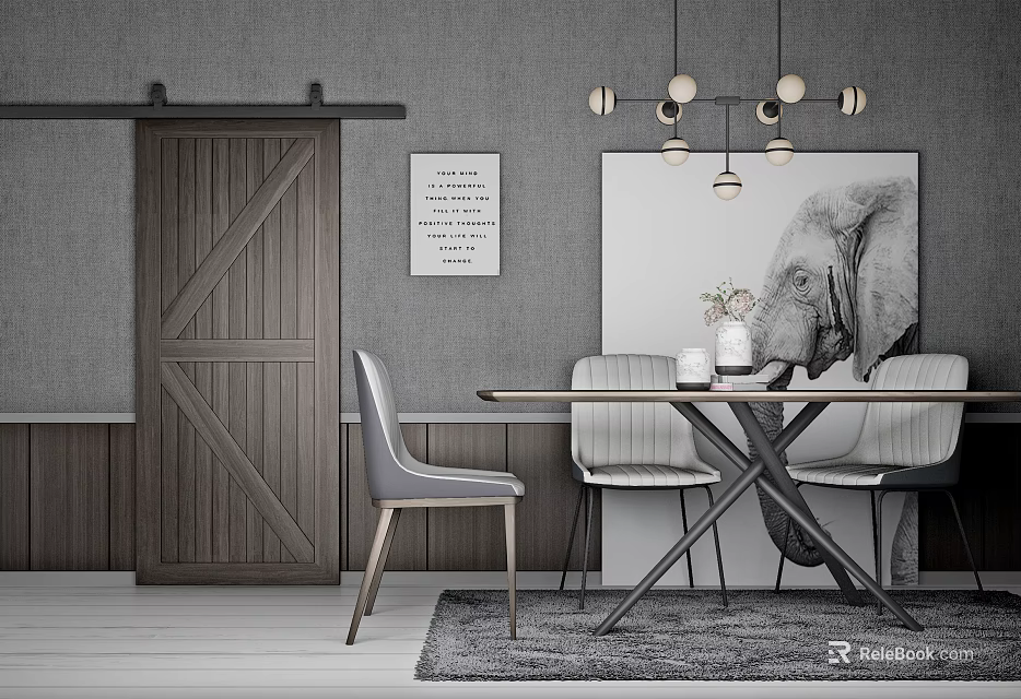 Modern Dining Table Set With Gray Chairs Elephant Art Pendant Lights And Wooden Barn Door 3d model 