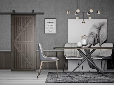 Modern Dining Table Set With Gray Chairs Elephant Art Pendant Lights And Wooden Barn Door 3d model