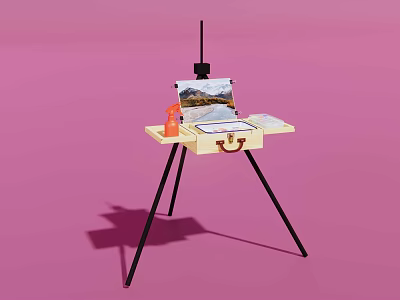 Yellow Tripod Table with Musical Instruments Art Supplies Easel Paint Tubes Brushes and Palette 3d model