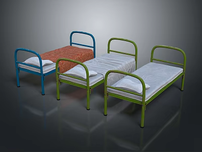Three Modern Metal Frame Single Beds With Blue Green Frames And Red White Mattresses 3d model