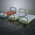 Three Modern Metal Frame Single Beds With Blue Green Frames And Red White Mattresses