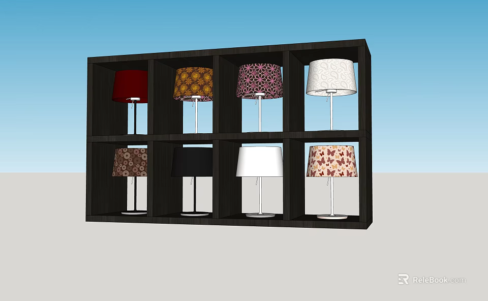Contemporary Storage Cabinet Shelf Featuring Colorful Lampshades With Various Patterns And Designs 3d model 