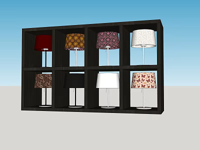 Contemporary Storage Cabinet Shelf Featuring Colorful Lampshades With Various Patterns And Designs 3d model