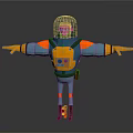 Game Movie Character In Blue And Orange Spacesuit With Transparent Helmet Bearded Arms Outstretched Red Boots