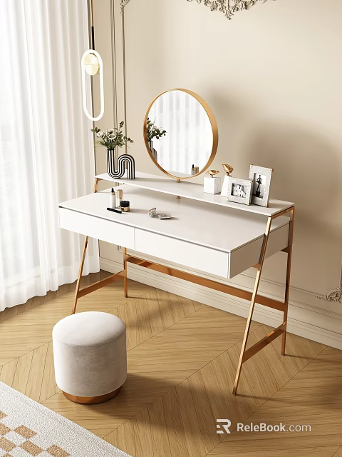 Modern White Dressing Table With Golden Legs Round Mirror Cosmetics And Padded Stool 3d model 