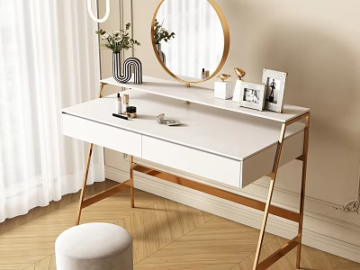 Modern White Dressing Table With Golden Legs Round Mirror Cosmetics And Padded Stool 3d model