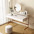 Modern White Dressing Table With Golden Legs Round Mirror Cosmetics And Padded Stool