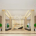 Luxurious Modern Hotel Lobby With Chandelier Columns Green Plants And Sofas