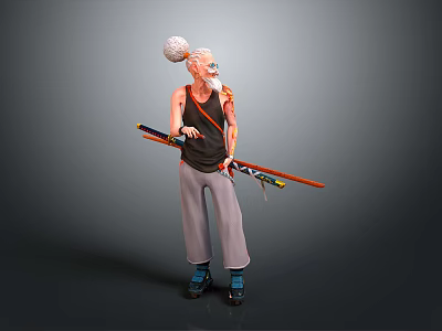 Elderly Man With White Hair Wearing Sleeveless Shirt Gray Pants Blue Shoes Holding Long Pole 3d model
