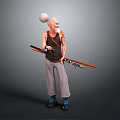 Elderly Man With White Hair Wearing Sleeveless Shirt Gray Pants Blue Shoes Holding Long Pole