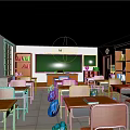 Classroom Interior Featuring Desks Chairs Green Blackboard Bookshelves Blue Backpacks Windows And Ceiling Lights