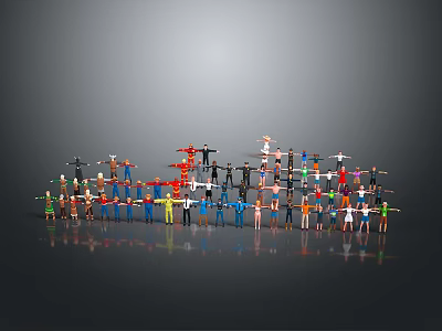 Colorful Small Human Figurines Arranged in Formation on Gray Background with Ground Reflections 3d model