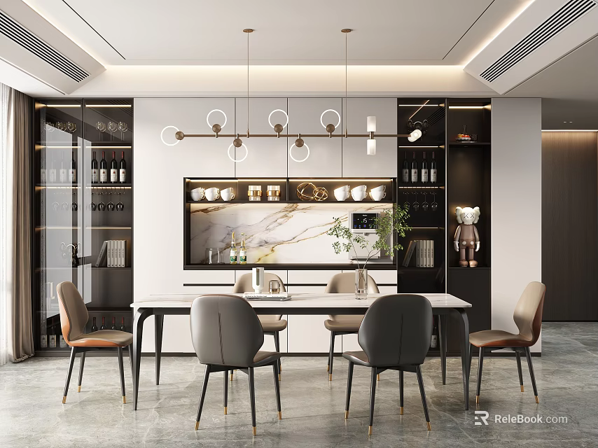 Elegant Modern Restaurant Interior With Dining Table Chairs Hanging Lights Wine Cabinets And Green Plants 3d model 