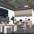 Modern Open Office Interior With Desks Computers Green Plants Glass Partitions And Gray Carpet