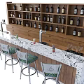 Modern Bar Counter With Marble Countertop Wooden Wine Rack Green Bar Stools And Wine Bottles
