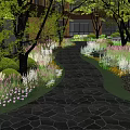 Serene Residential Landscape With Lush Trees Stone Paved Pathway And Colorful Plants