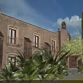 Spanish Style Detached Villa with Stone Brick Exterior Surrounded by Palm Trees and Greenery