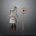 Cartoon Elf Character With Gray Long Hair Pointed Ears White Dress And Yellow Magic Staff