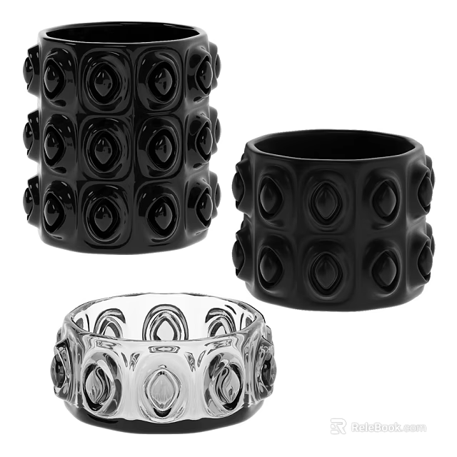 Decorative Black And Clear Ceramic Vessels With Embossed Circular Patterns 3d model 