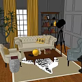Cozy Living Room With Sofa Coffee Table Set Yellow Curtains Plant Bookshelf And Floor Lamp