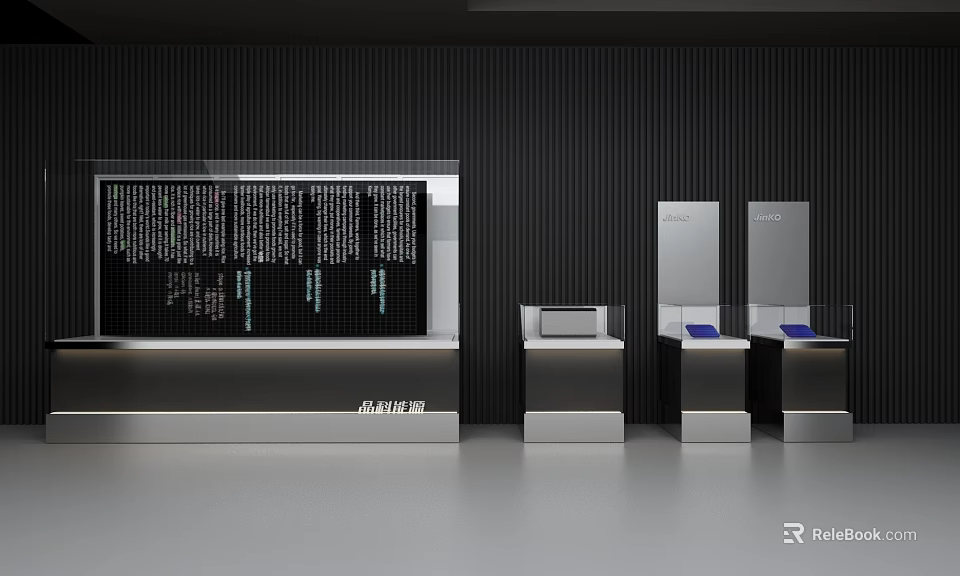 Modern Retail Display Shelves With Black Stripe Walls Digital Screens And Blue Countertops 3d model 