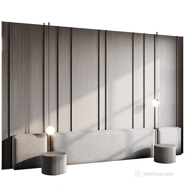 Modern Wooden Vertical Striped Wall With Beige Sofa Side Tables And Pendant Lights 3d model 