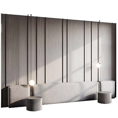 Modern Wooden Vertical Striped Wall With Beige Sofa Side Tables And Pendant Lights 3d model