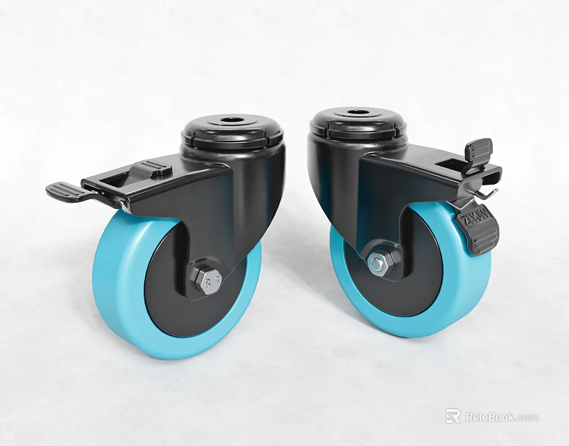 Pair of Black Swivel Caster Wheels With Blue Rollers And Brake Lock Mechanism 3d model 
