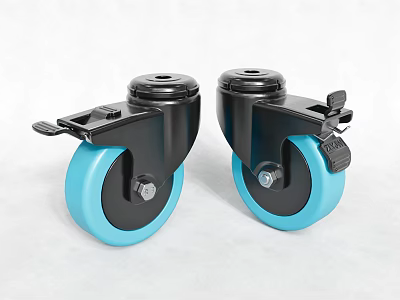 Pair of Black Swivel Caster Wheels With Blue Rollers And Brake Lock Mechanism 3d model