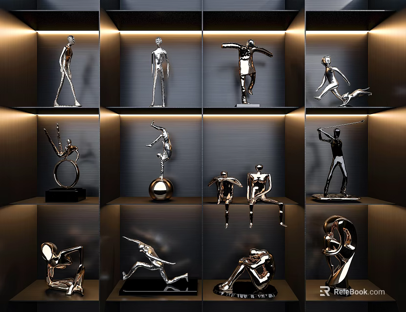 Modern Metal Sculptures In Various Poses On Indoor Display Shelves With Lighting 3d model 