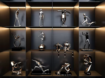 Modern Metal Sculptures In Various Poses On Indoor Display Shelves With Lighting 3d model