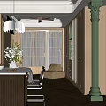 Modern Dining Living Room Interior With White Pendant Lights Large Woven Windows And Beige Sofa