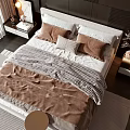 White Double Bed with Brown Pillows and Dark Striped Headboard Wall in Modern Bedroom