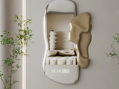Elegant Modern Mirror with Creative Shape and Green Plants in Interior Design 3d model