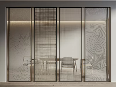 Modern Interior Design With Textured Glass Partition And Dining Table Chairs 3d model