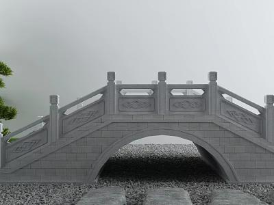 Stone Arch Bridge With Intricate Carved Railings And Pebble Ground Near Small Tree 3d model