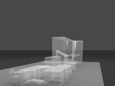 Modern Transparent Exhibition Interior Model With Cubes Tables And Chairs 3d model
