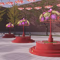 Illuminated Decorative Scene With Hanging Circular Lamps Purple Umbrella Shaped Structures And Trees