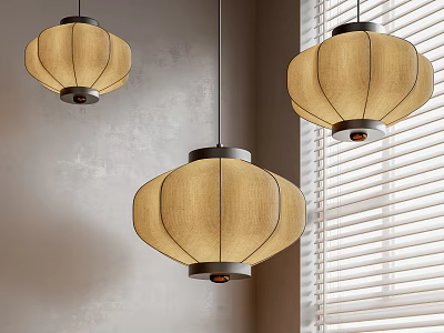 Three Beige Lantern Shaped Linen Pendant Lights In Interior With Window Blinds 3d model