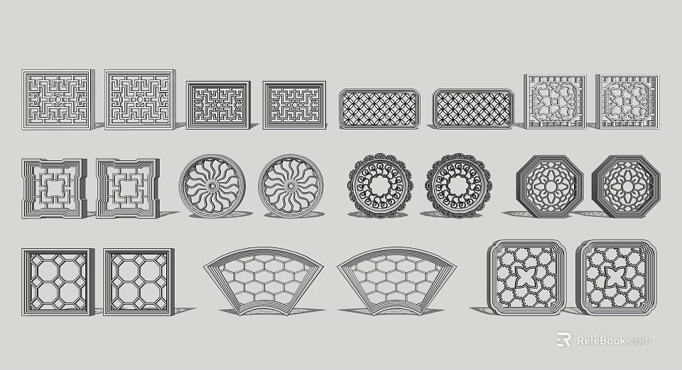 Traditional Carved Lattice Window Designs With Various Ornate Patterns And Shapes 3d model 
